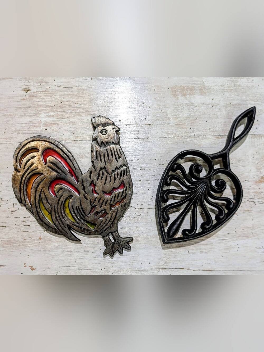 2 Vintage Cast Iron Trivets- Rooster w Tri-color Resin Inlay & Black Heart Shape
